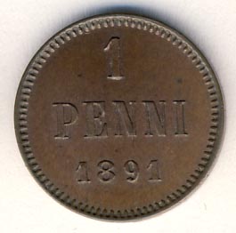 1 пенни 1891 г. Для Финляндии (Александр III) 