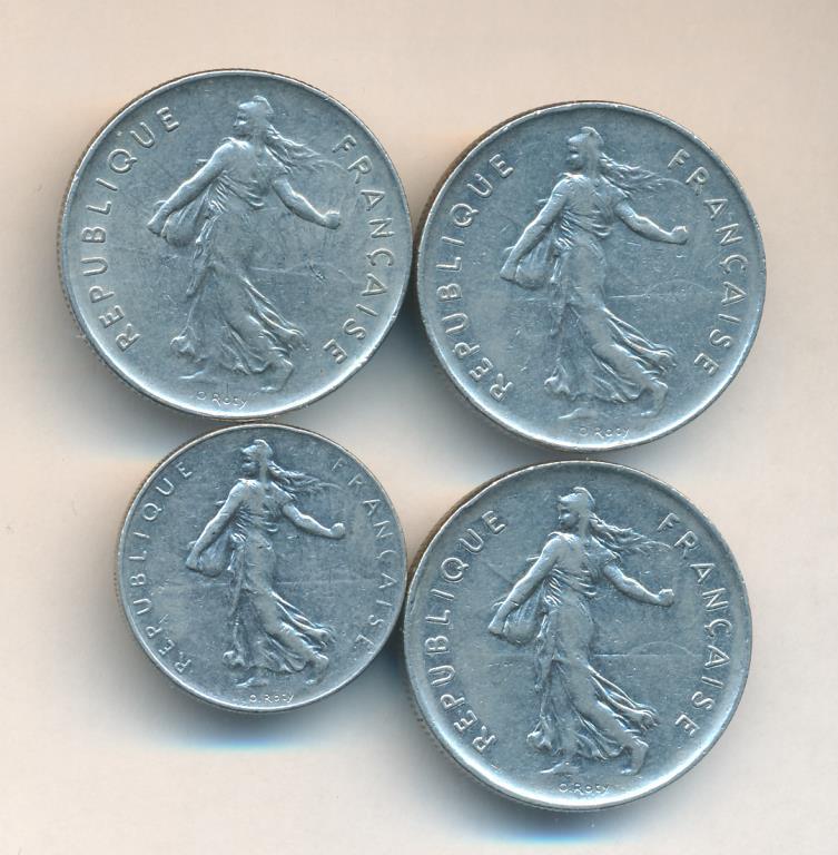 Лот монет Франции: 1 франк, 5 франков (4шт). 1971-1977