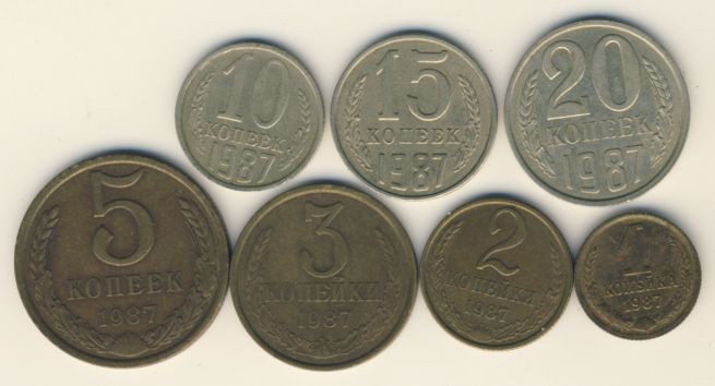 Лот монет СССР: 20,15,10,5,3,2,1 коп (7шт). 1987