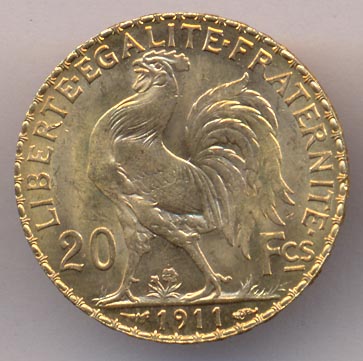 20 франков. Франция 1911 - реверс