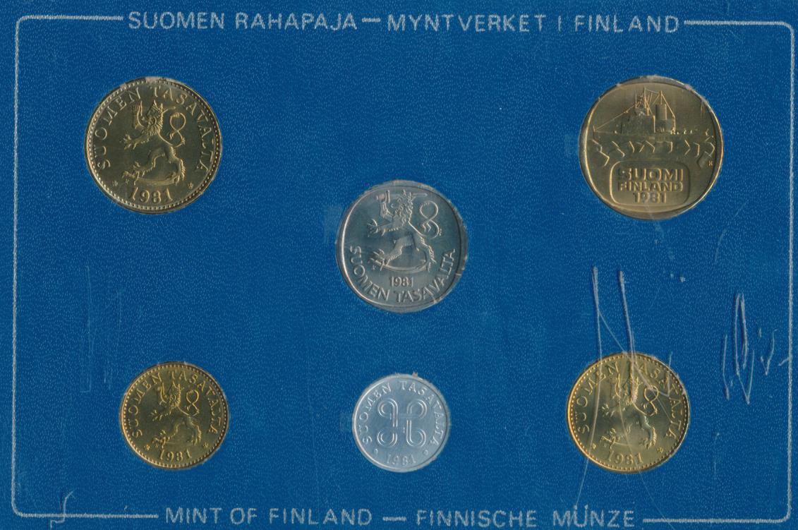 Набор монет Финляндии: 5,1 марка, 50,20,10,5 пенни (6шт). Пластиковая ...