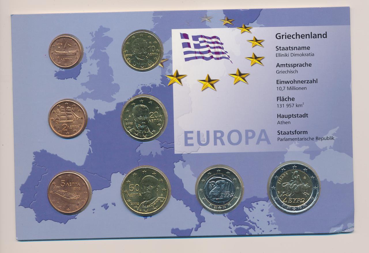 Набор монет Греции: 2,1 евро, 50,20,10,5,2,1 евроцент (8шт). Буклет. 2002