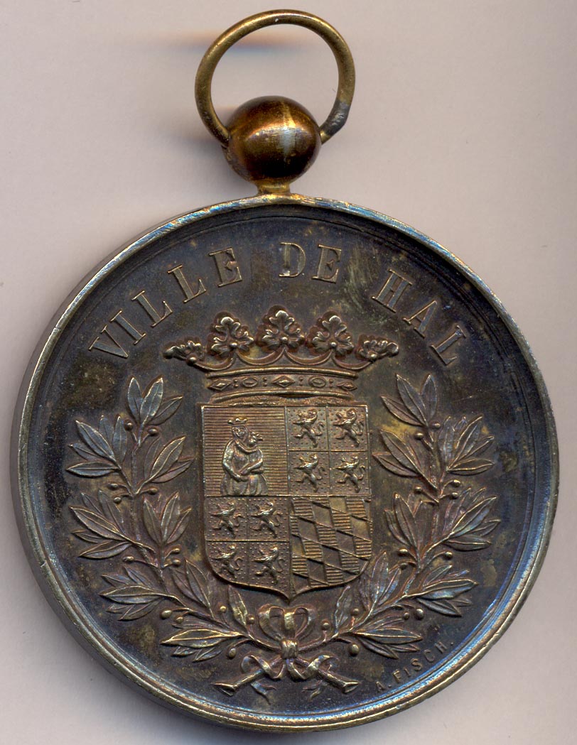 Медаль в честь военного праздника в городе Hal. Бельгия 1875 - реверс
