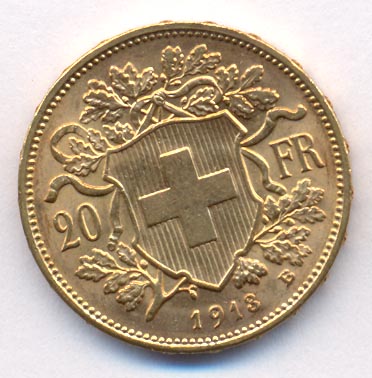 20 франков. Швейцария. М-6,46гр 1913 - реверс