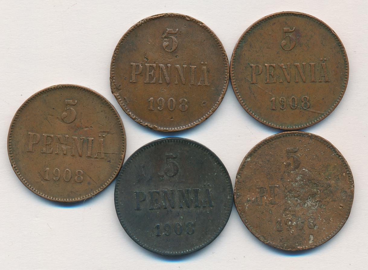 Лот монет Финляндии: 5 пенни (5 шт.) 1908 - реверс  фото реверс