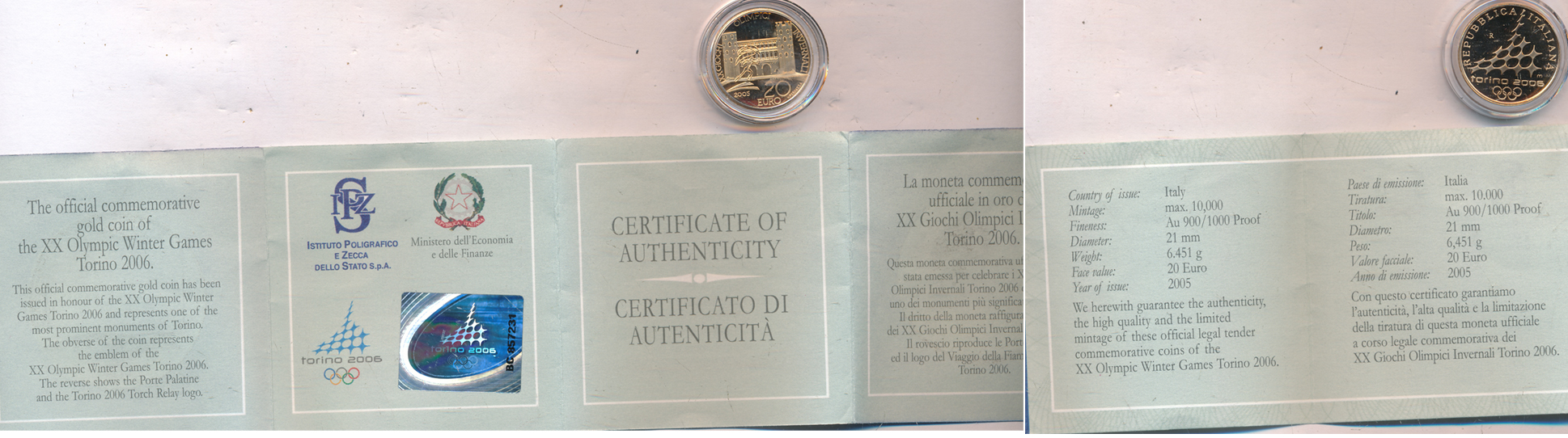 20 евро. Италия. XX зимние Олимпийские игры, Турин 2006 - Ворота порта  Палатина. Коробка, сертификат. 2005