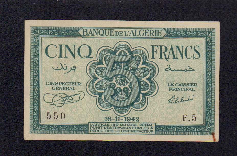5 франков. Французский Алжир 1942 - реверс