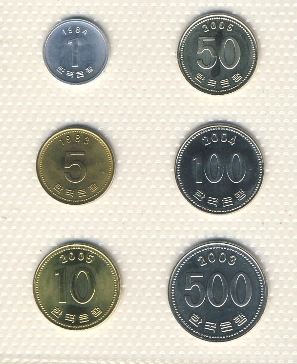 Набор монет Южной Кореи: 500,100,50,10,5,1 вон (6шт). Упаковка. 1983-2005