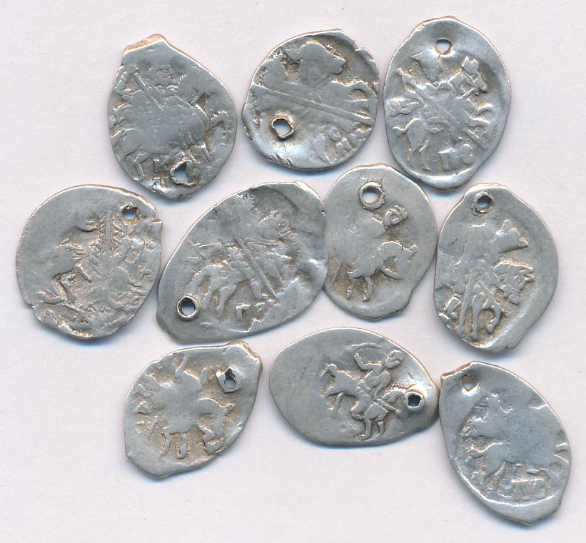 Лот монет Ивана IV Грозного (10шт): копейка, Мечевая копейка. Отверстия на всех монетах 1533-1584 - аверс