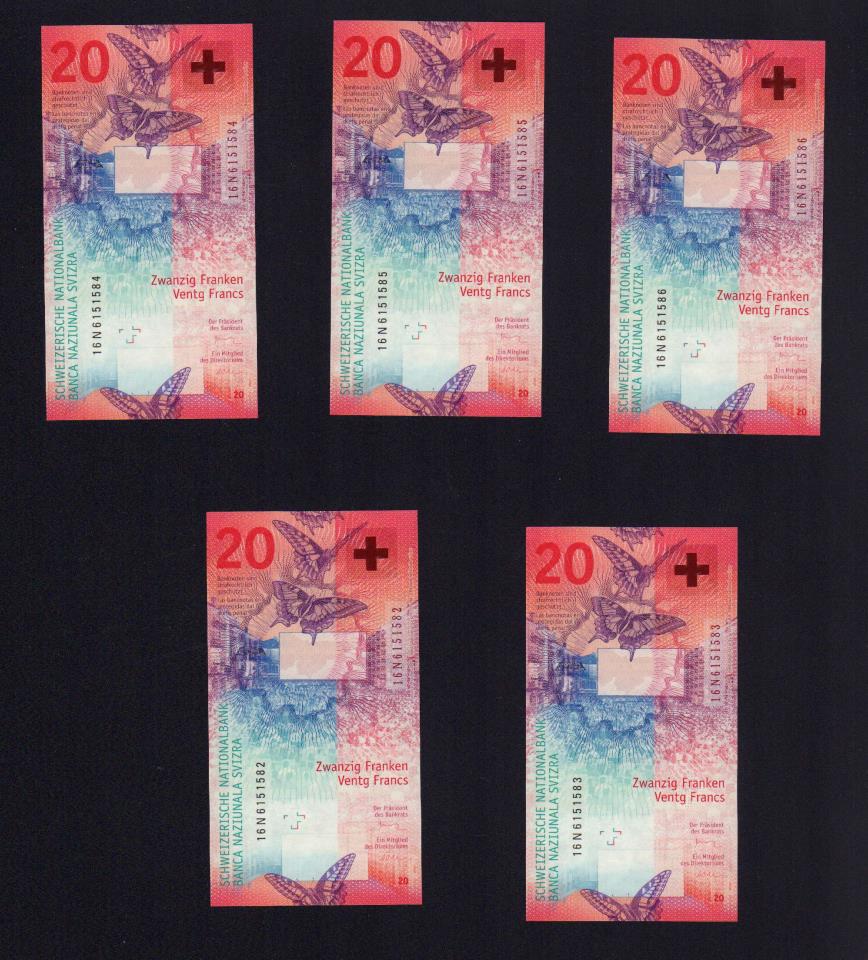 Лот иностранных бон (5 штук по 20 франков, номера подряд) Швейцария  - реверс