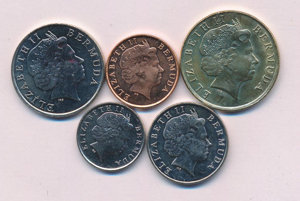 Лот монет Бермудских островов: 1 доллар, 25,10,5,1 цент (5 шт.). 2008