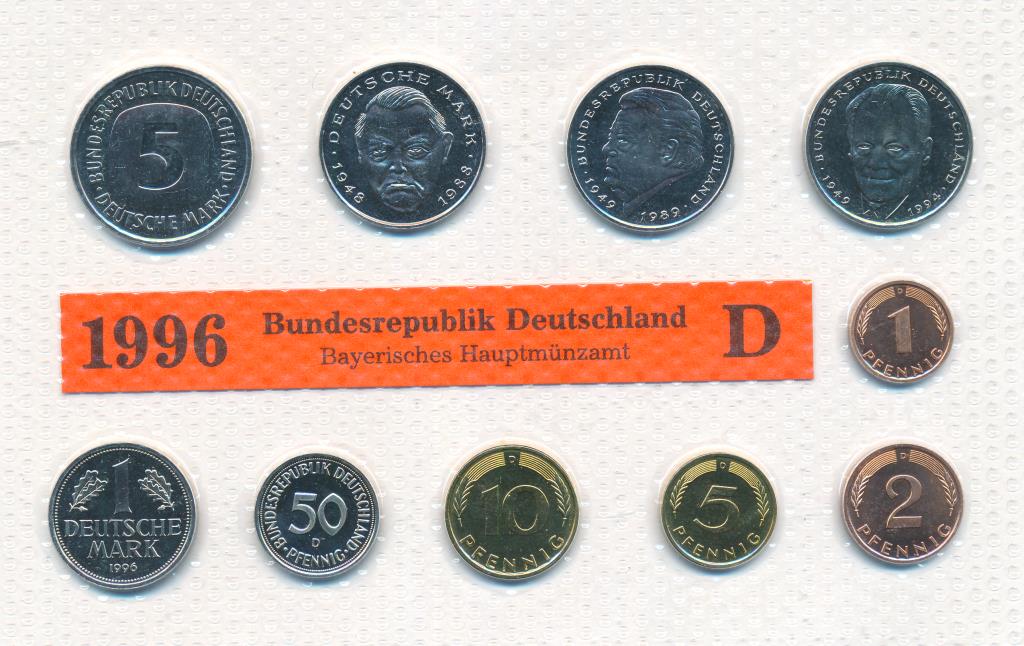 Набор монет ФРГ: 5,2,1 марка, 50,10,5,2,1 пфенниг (10шт) Упаковка 1996D - аверс