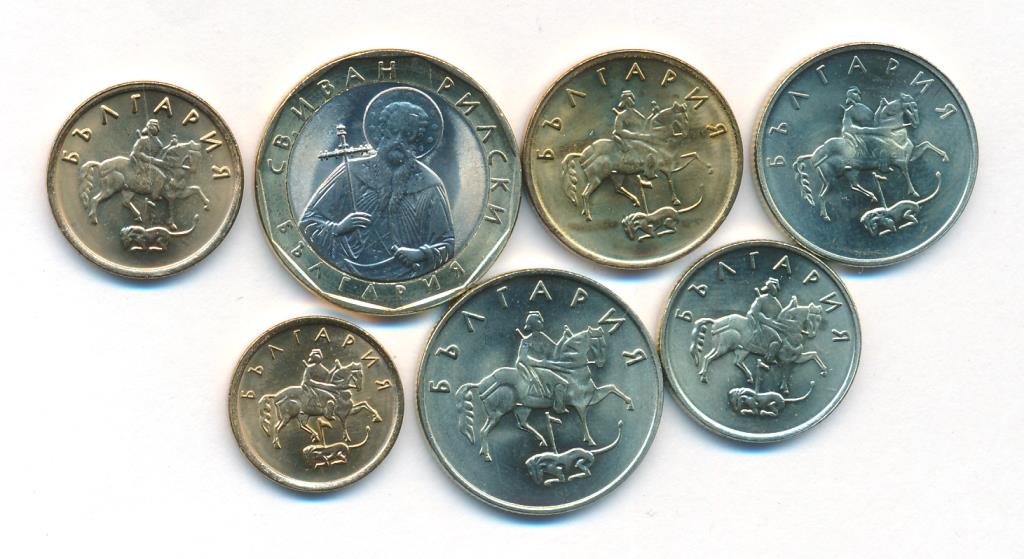 Лот монет Болгарии: 1 лев, 50,20,10,5,2,1 стотинка (7 шт.). 1999-2002