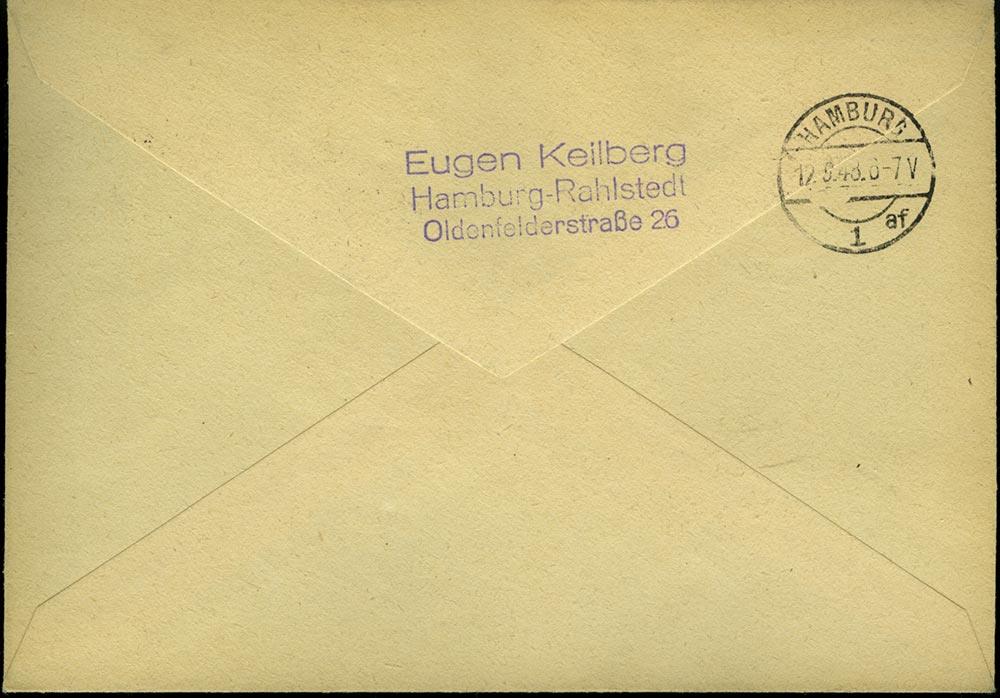 Зарегистрированный конверт (с почтовыми марками), прошедший почту. 11.9.48г. Зона Оккупации Союзниками. Гамбург - Ральштедт (Hamburg Rahlstedt). Mi.541, 581,621,631. Гашение. Германия  - реверс